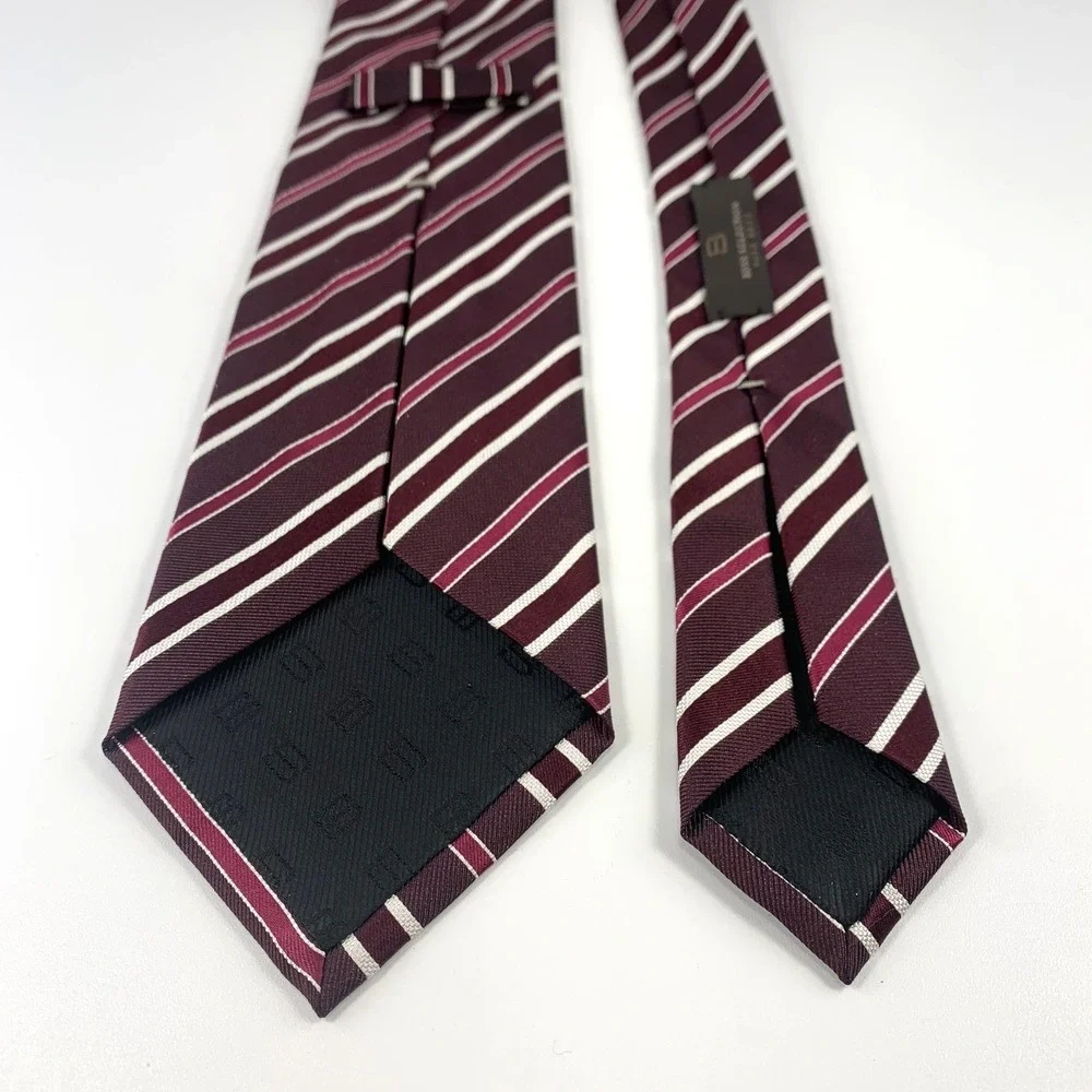 HUGO BOSS Mens Tie Dark Burgundy w/ White & Crimson Diagonal Stripes Silk Repp‎
